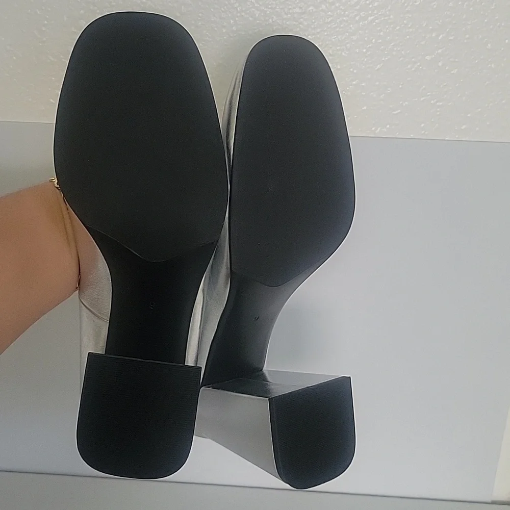 Silver womans high heel chunky heel square toe pumps party dress - Picture 7 of 8